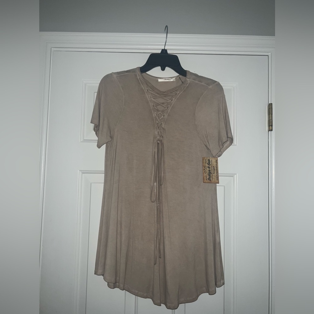 Andree Taupe Lace Up Front Top - S